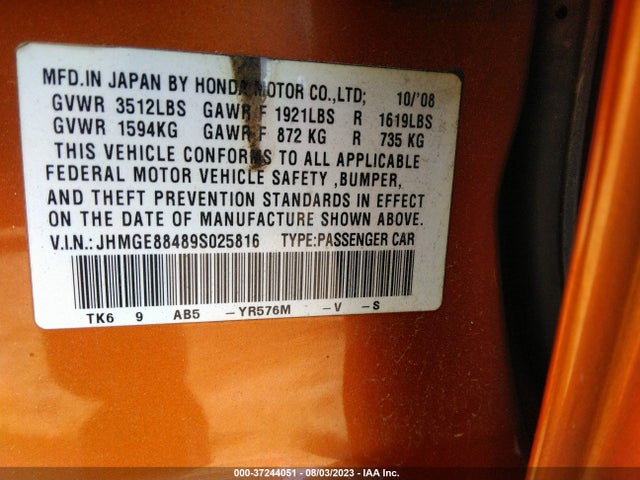 2009 HONDA FIT SPORT VIN: JHMGE88489S025816