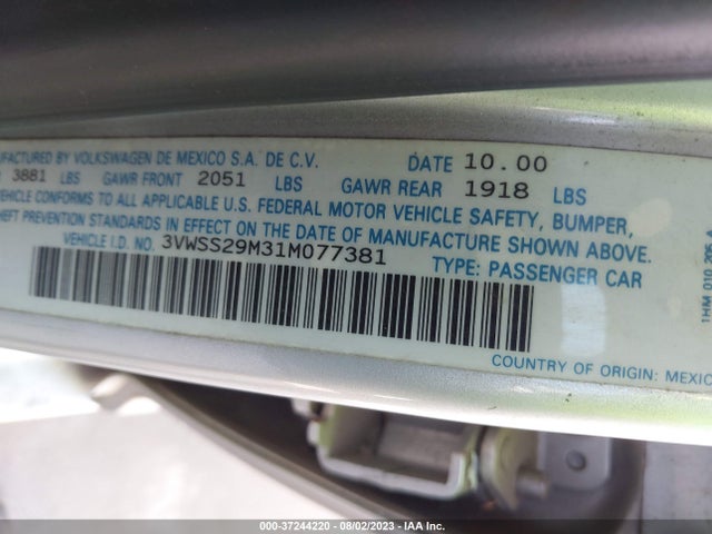 2001 VOLKSWAGEN JETTA GLS VIN: 3VWSS29M31M077381