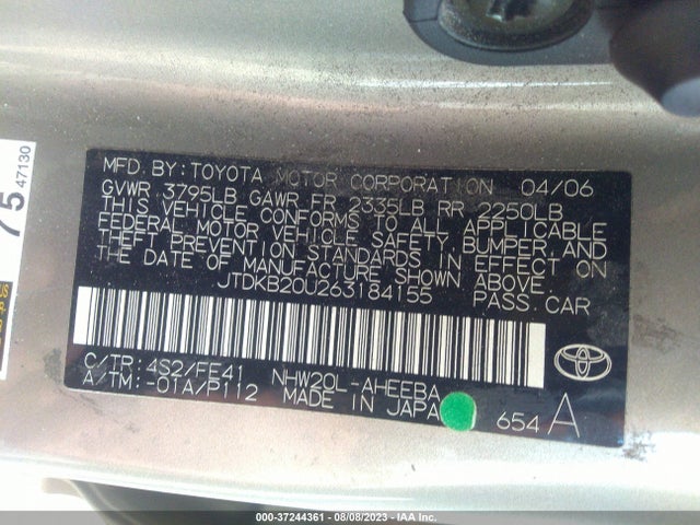 2006 TOYOTA PRIUS VIN: JTDKB20U263184155
