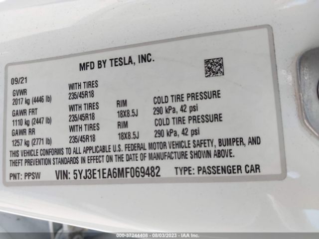 5YJ3E1EA6MF069482 Tesla Model 3 Standard Range Plus