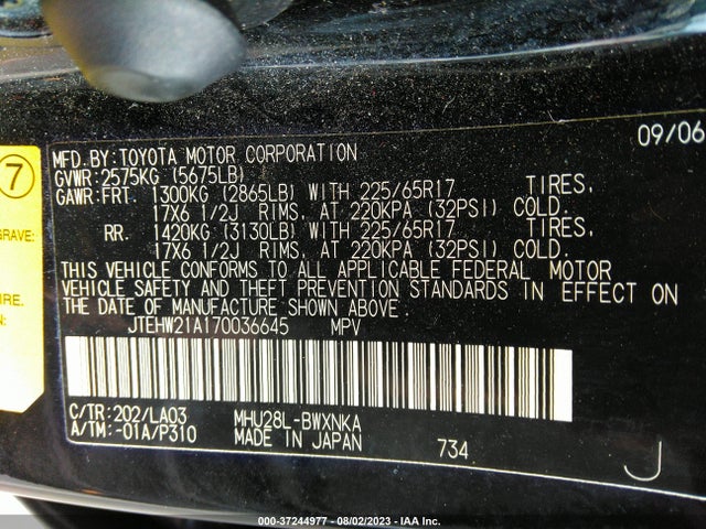 37244977 :رقم المزاد ، JTEHW21A170036645 vin ، 2007 Toyota Highlander Hybrid مزاد بيع