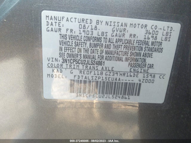 2018 NISSAN KICKS SV VIN: 3N1CP5CU2JL524861