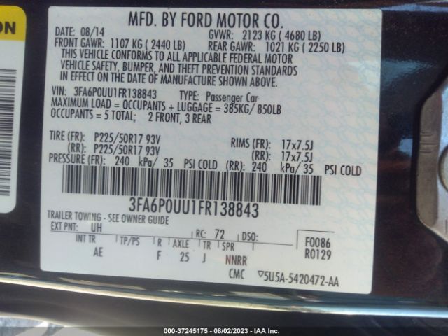 3FA6P0UU1FR138843 Ford Fusion S Hybrid