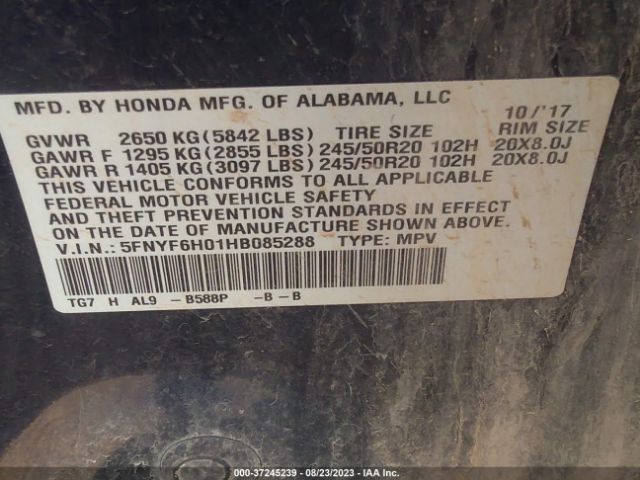 5FNYF6H01HB085288 Honda Pilot Elite