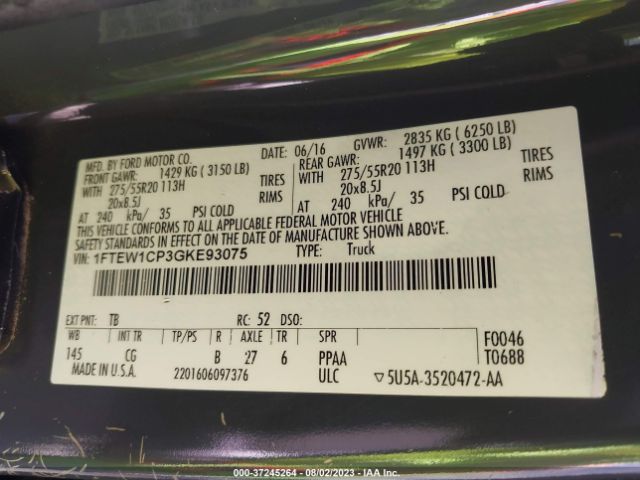 1FTEW1CP3GKE93075 Ford F-150 Xl/lariat/xlt