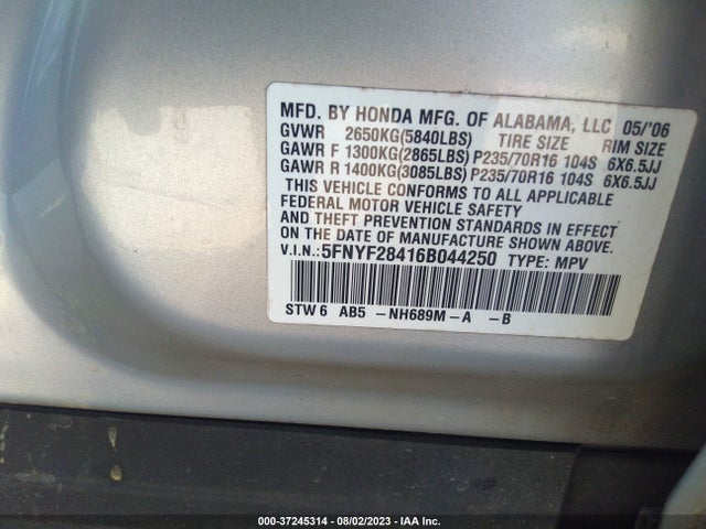 2006 HONDA PILOT EX VIN: 5FNYF28416B044250
