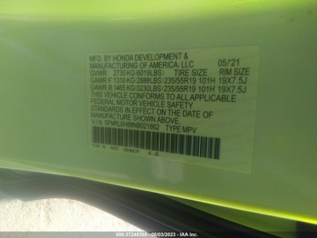5FNRL6H88NB021862 Honda Odyssey Touring