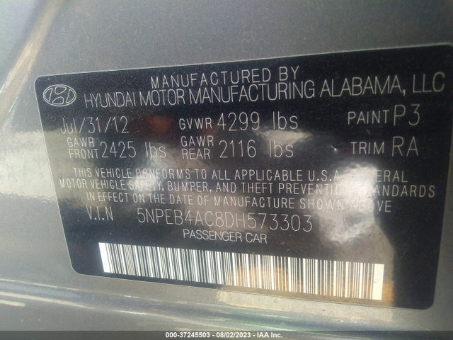 2013 HYUNDAI SONATA GLS PZEV VIN: 5NPEB4AC8DH573303