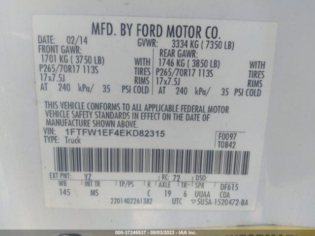 1FTFW1EF4EKD82315 Ford F-150 Xl/xlt/stx/fx4/lariat