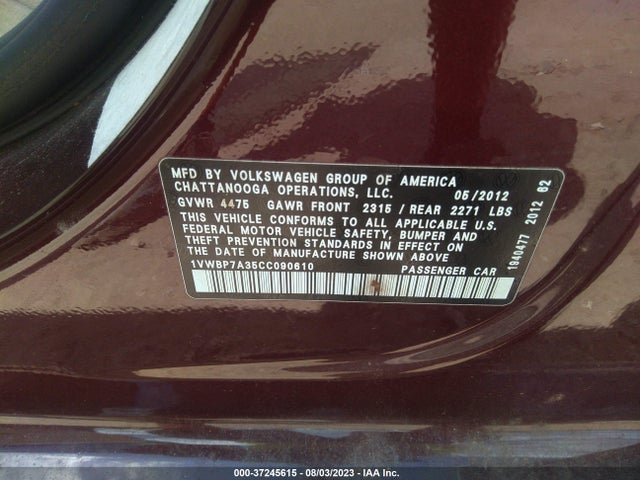 2012 VOLKSWAGEN PASSAT SE W/SUNROOF VIN: 1VWBP7A35CC090610