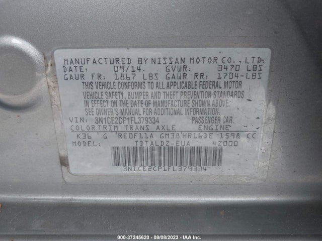 2015 NISSAN VERSA NOTE S/S PLUS/SV/SR/SL VIN: 3N1CE2CP1FL379334