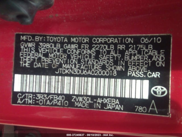 2010 TOYOTA PRIUS II/III/IV/V/I VIN: JTDKN3DU6A0200018