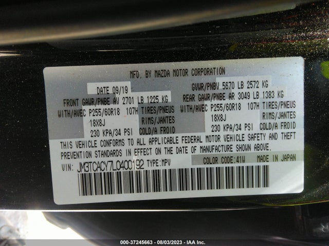 2020 MAZDA CX-9 TOURING VIN: JM3TCACY7L0400192