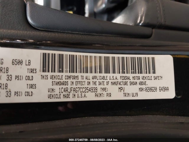 2012 JEEP GRAND CHEROKEE LAREDO VIN: 1C4RJFAG7CC254939