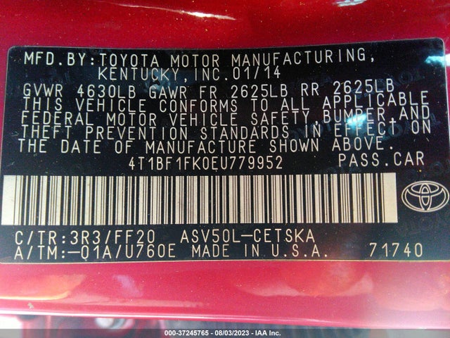 2014 TOYOTA CAMRY L/LE/XLE/SE/SE SPORT VIN: 4T1BF1FK0EU779952