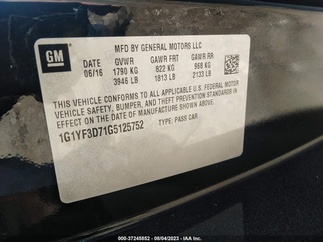 2016 CHEVROLET CORVETTE STINGRAY VIN: 1G1YF3D71G5125752
