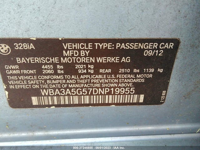2013 BMW 3 SERIES 328I VIN: WBA3A5G57DNP19955