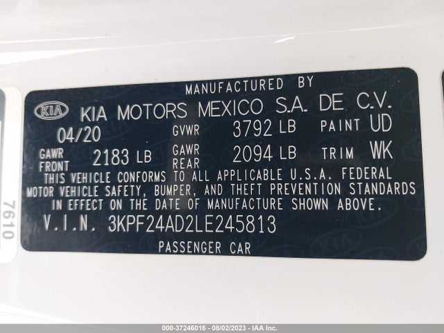 2020 KIA FORTE LXS VIN: 3KPF24AD2LE245813