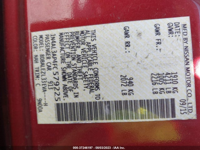 Nissan Altima 2.5 S 2015 1N4AL3AP4FC579225 Image 9