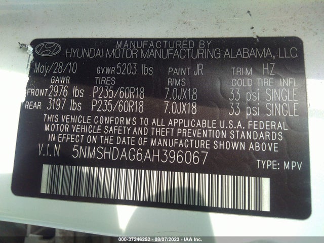 2010 HYUNDAI SANTA FE SE VIN: 5NMSHDAG6AH396067