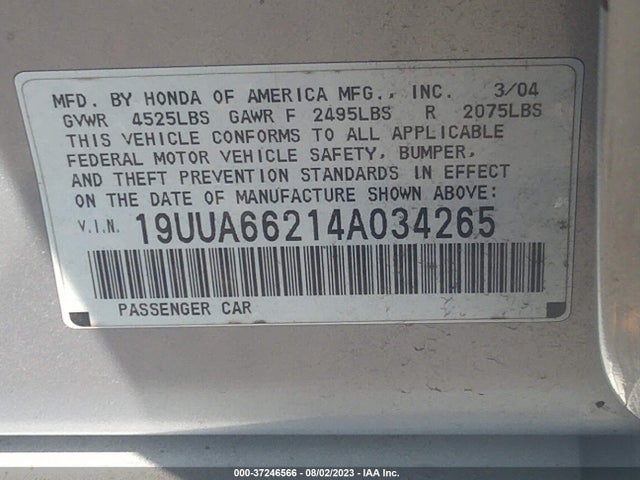 2004 ACURA TL VIN: 19UUA66214A034265