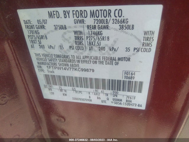 2007 FORD F-150 XLT/FX4/LARIAT/KING RANCH VIN: 1FTPW14V77KC99879