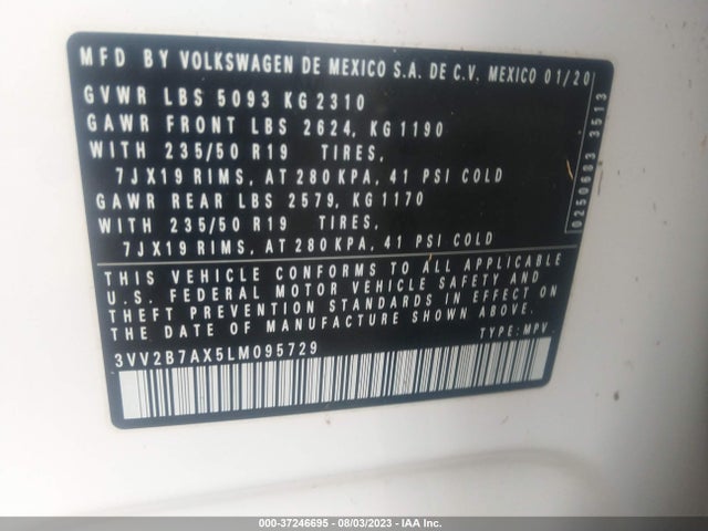 3VV2B7AX5LM095729 Volkswagen Tiguan Se/sel/se R-line Black
