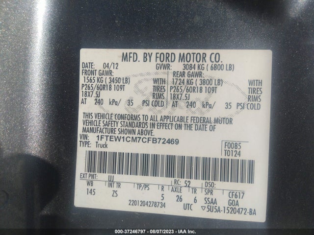 2012 FORD F-150 XL/XLT VIN: 1FTEW1CM7CFB72469
