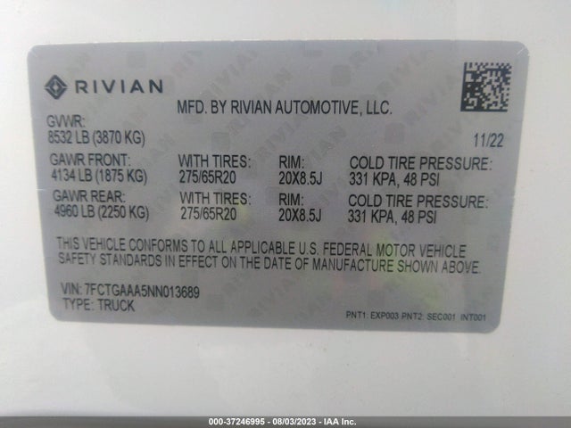 2022 RIVIAN R1T ADVENTURE PACKAGE VIN: 7FCTGAAA5NN013689