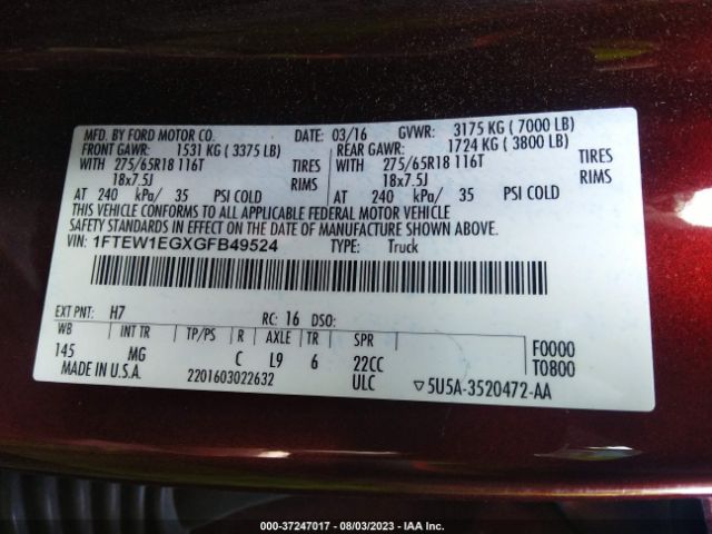1FTEW1EGXGFB49524 Ford F-150 Xlt/xl/lariat/platinum