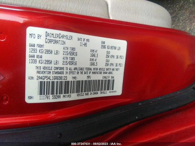 2006 CHRYSLER TOWN & COUNTRY LWB TOURING VIN: 2A4GP54L16R698123