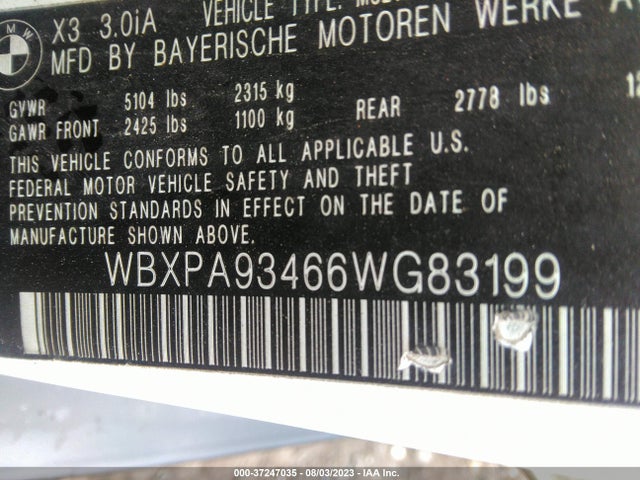 2006 BMW X3 3.0I VIN: WBXPA93466WG83199