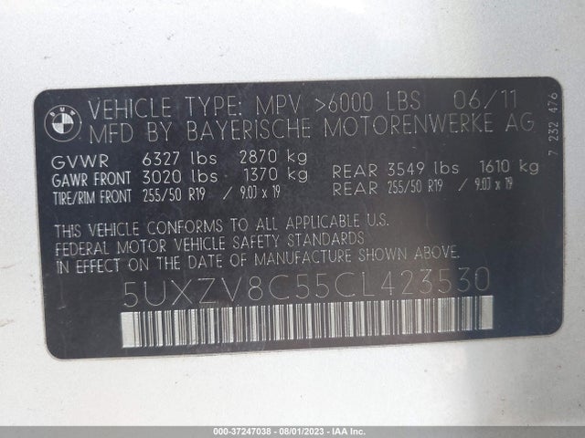 2012 BMW X5 50I VIN: 5UXZV8C55CL423530