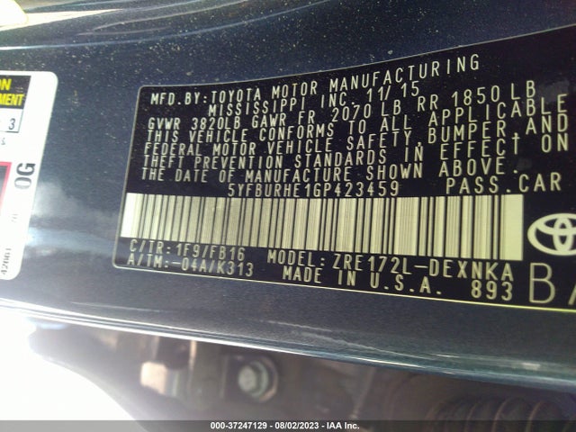 Toyota Corolla L/le/s/s Plus/le Plus 2016 5YFBURHE1GP423459 Image 9