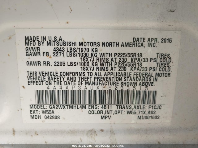 4A4AP3AUXFE033515 Mitsubishi Outlander Sport Es