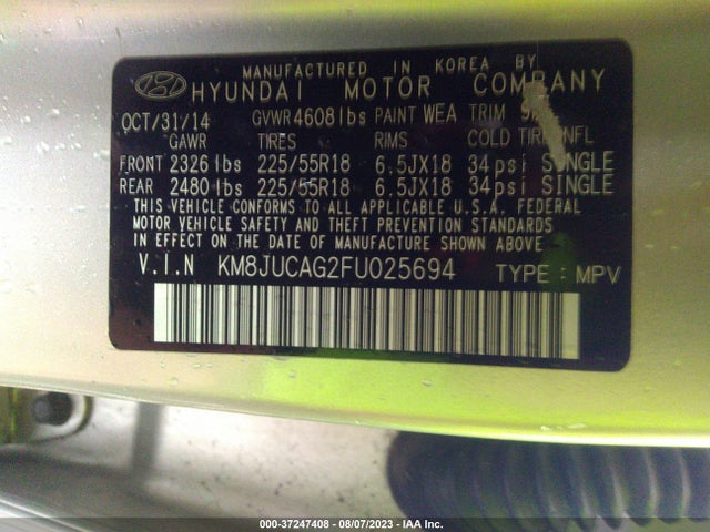 2015 HYUNDAI TUCSON LIMITED VIN: KM8JUCAG2FU025694