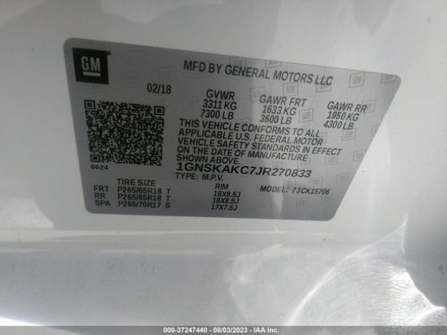 1GNSKAKC7JR270833 Chevrolet Tahoe Ls