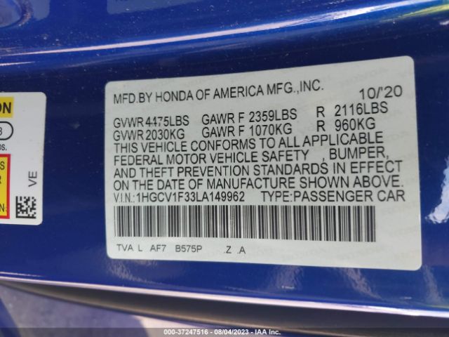 2020 HONDA ACCORD SEDAN 1HGCV1F33LA149962 Photo 8