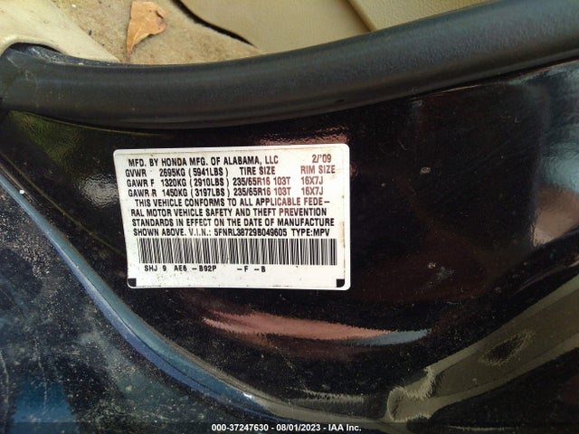 2009 HONDA ODYSSEY EX-L VIN: 5FNRL38729B049605