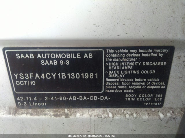 2011 SAAB 9 3 VIN: YS3FA4CY1B1301981