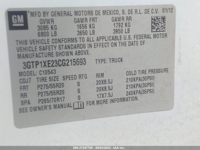Aukcja sprzedaży 2012 Gmc Sierra 1500 Denali, vin: 3GTP1XE23CG215693, numer aukcji: 37247788