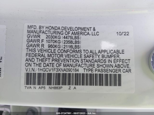 1HGCV1F3XNA090184 Honda Accord Sedan Sport
