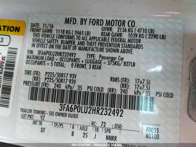 2017 FORD FUSION HYBRID SE VIN: 3FA6P0LU2HR232492