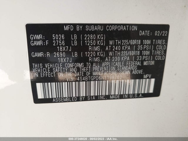 Subaru Outback Touring Xt 2022 4S4BTGPD6N3198702 Image 9