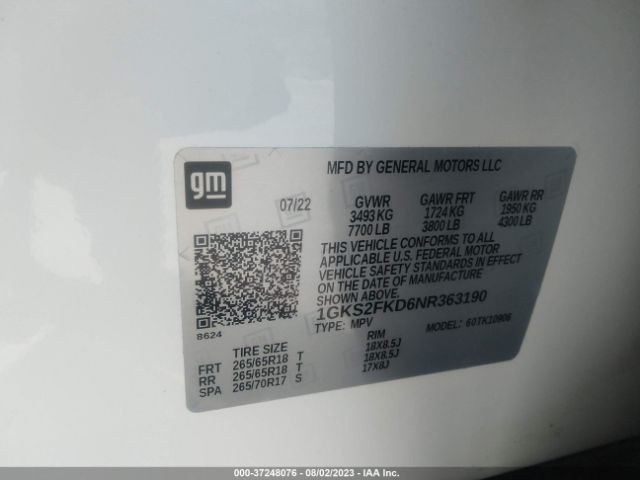 1GKS2FKD6NR363190 GMC Yukon Xl Sle