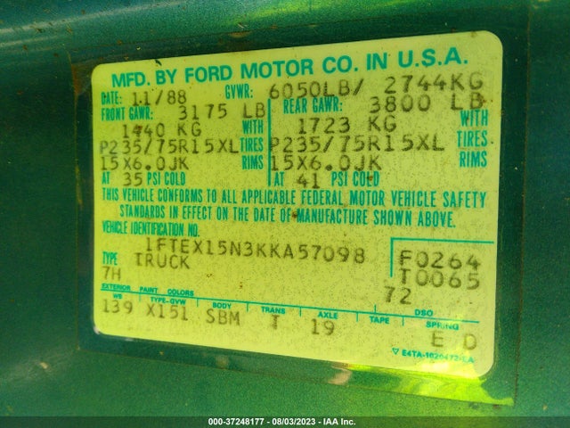 1989 FORD F150 VIN: 1FTEX15N3KKA57098