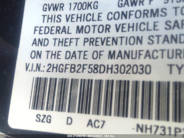 2013 HONDA CIVIC SDN LX VIN: 2HGFB2F58DH302030