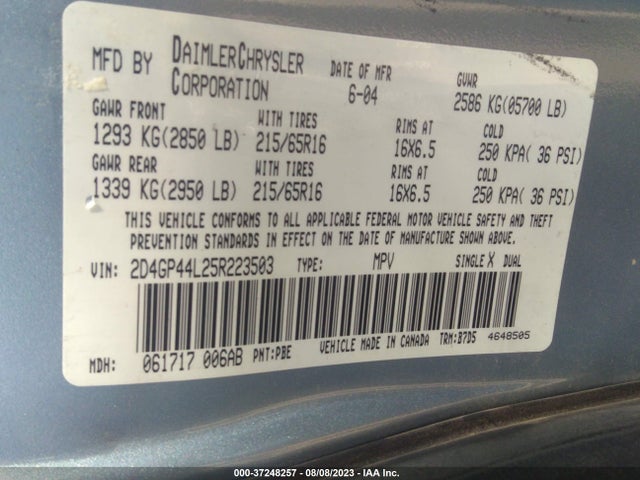 2005 DODGE GRAND CARAVAN SXT VIN: 2D4GP44L25R223503