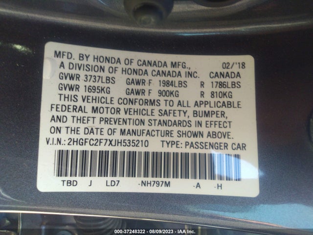 Honda Civic Sedan Ex 2018 2HGFC2F7XJH535210 Image 9