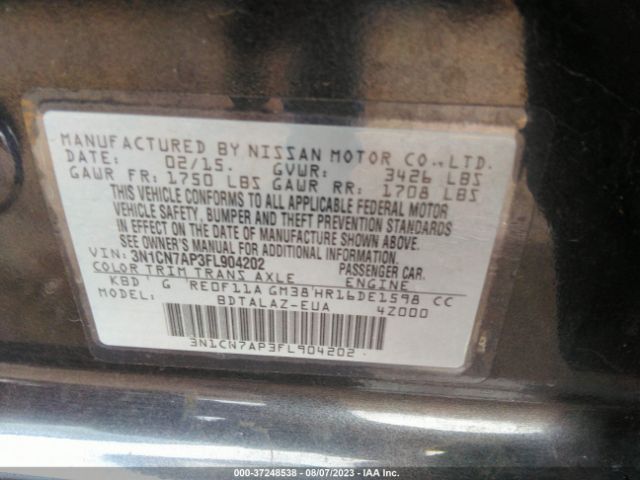 3N1CN7AP3FL904202 Nissan Versa S Plus